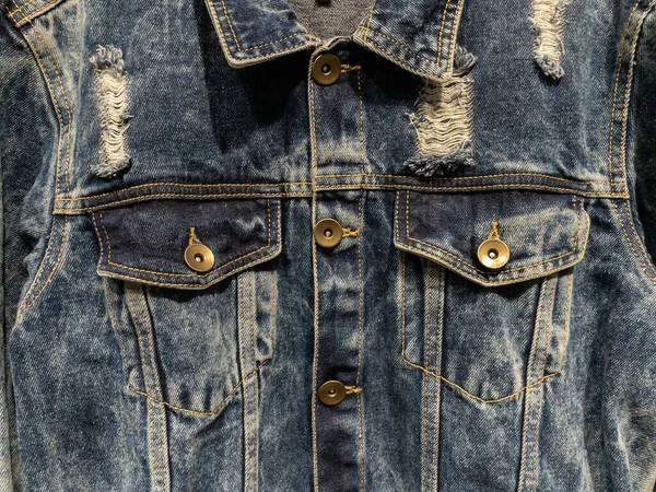 Front Weathered Blue Denim Jacket Pockets Buttons — Stok fotoğraf