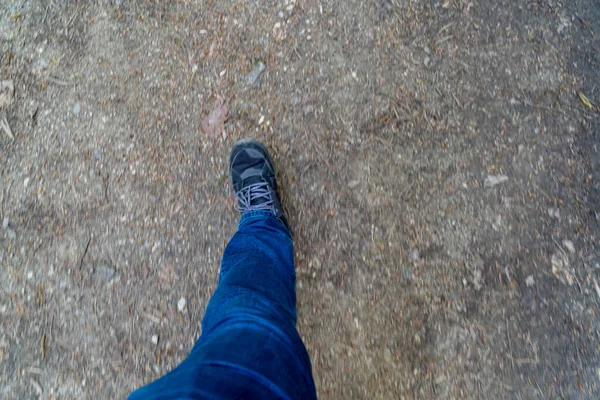 Top View Person Wearing Jeans Sneakers Walking Footpath — Stock Photo, Image