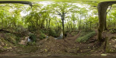 Muhteşem Krushunski şelalesinin turkuvaz suları ve yeşil yosunlu 360 fotoğrafı. Bulgaristan 'ın Lovech kenti yakınlarında yer alıyor
