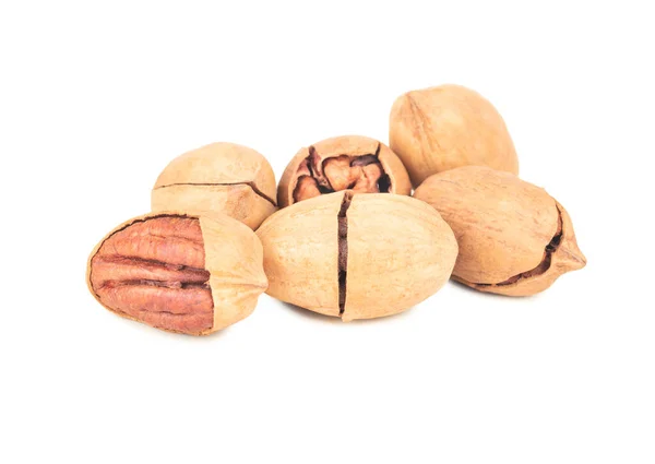 Heap Pecan Nuts Broken Shell White Background — Stock Photo, Image