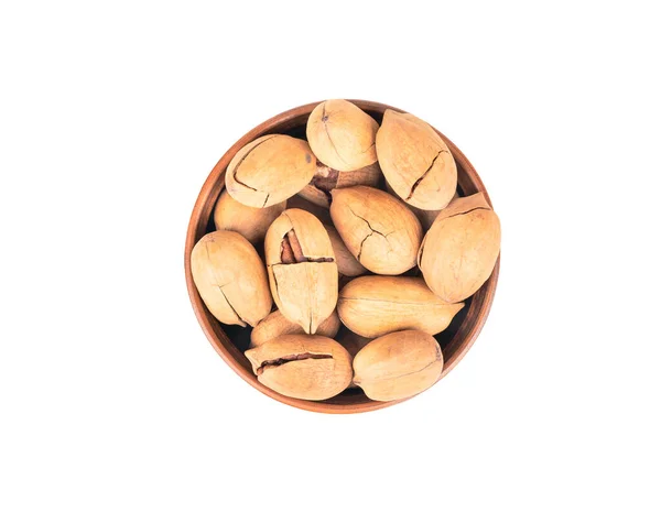 Pecan Nuts Ceramic Bowl Isolated White Background Top View — Stock Photo, Image