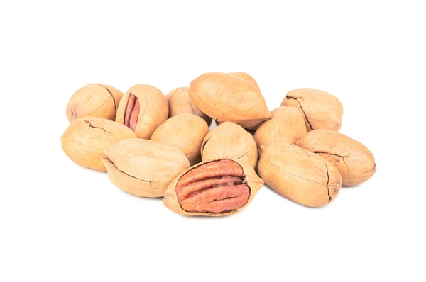 Mazzo Noci Pecan Organiche Guscio Fondo Bianco — Foto Stock