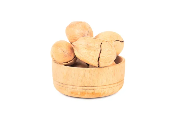 Pekan Ořechy Skořápce Malé Dřevěné Mísy Bílém Pozadí — Stock fotografie
