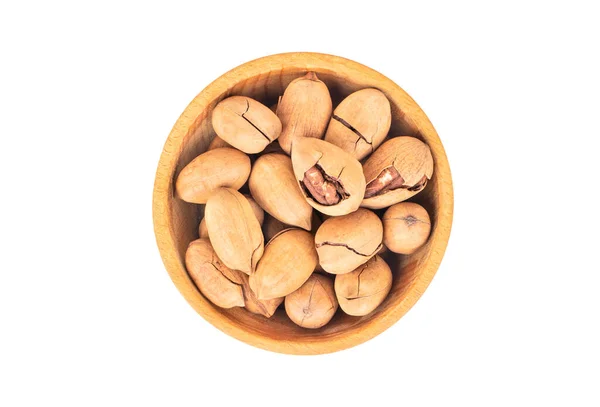 Peshelled Pecans Wooden Bowl White Background Top View — Stock Photo, Image