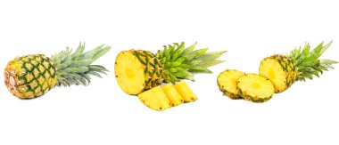 Ananas koleksiyonu. Kırpma yolu ile beyaz arka plan üzerinde izole bütün ve dilimlenmiş ananas