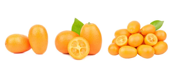 Set Met Verse Rijpe Kumquat Vruchten Witte Ondergrond — Stockfoto