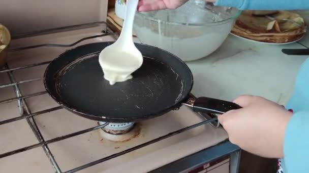 Girl Pours Dough Pan Fry Pancakes Stove — Video