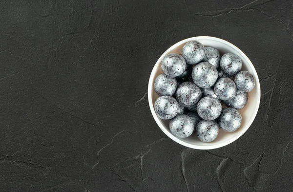Silver Candies Hazelnuts Chocolate White Ceramic Bowl Concrete Background Copy — 스톡 사진