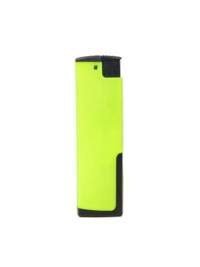 Green plastic lighter isolated on white background.