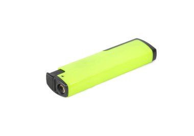 Green plastic lighter isolated on white background.