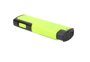 Green plastic lighter isolated on white background.