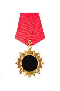 Gold medal in the shape of a star with a red ribbon on the chest isolated on a white background. Empty place