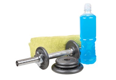 Blue isotonic drinks bottle with dumbbell, towel and pancakes isolated on white background. 