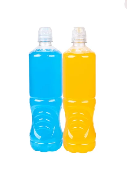 Isotonic Drink Sports Blue Orange Plastic Bottles Isolated White Background — Fotografia de Stock