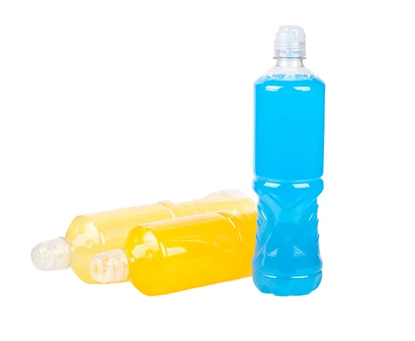 Three Plastic Bottles Isotonic Drinks Sports Multivitamin Orange Lemon Flavor — Foto Stock