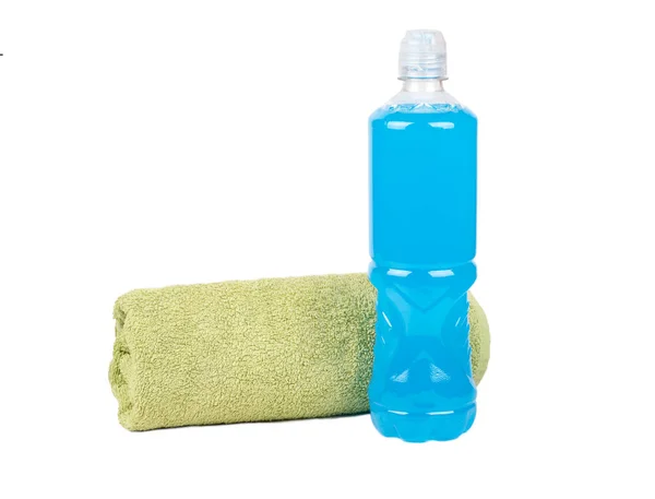 Multivitamin Isotonic Drinks Plastic Bottle Rolled Towel Isolated White Background — Stok Foto