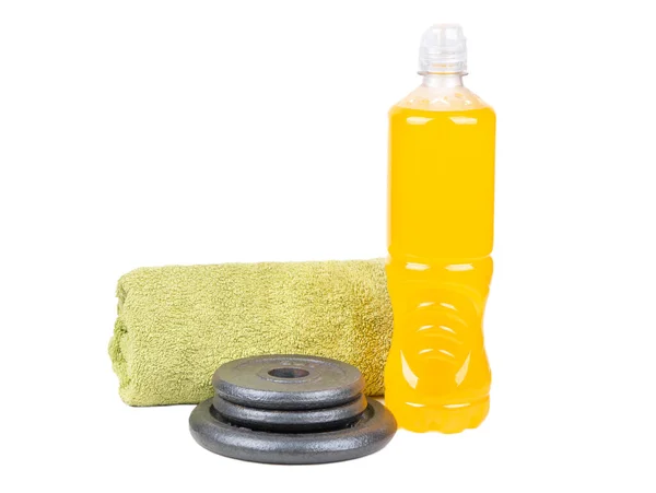 Orange Isotonic Drinks Towel Dumbbell Pancakes White Background — Stock Fotó