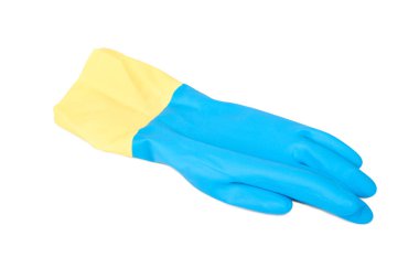 Yellow blue rubber cleaning glove isolated on white background. 