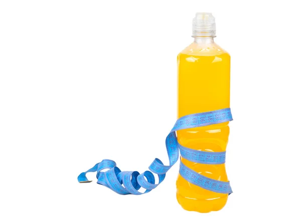 Plastic Bottle Orange Isotonic Drink Wrapped Measuring Centimeter Isolated White — Foto Stock