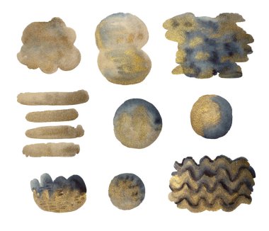 Beyaz arkaplanda izole edilmiş çivit mavisi, suluboya şekiller. Tasarım dekorasyon ögeleri kümesi.