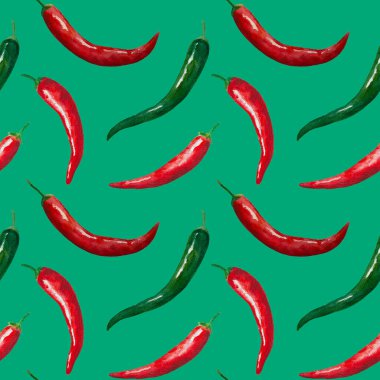 Sulu boyalı, kırmızı kırmızı acı biberli kusursuz desen. Tekstil ve aksesuar tasarımı, menüsü ve restoranları yazdırma.