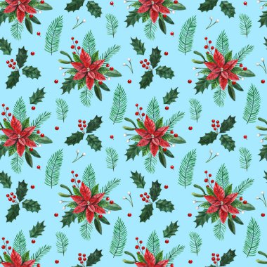 Noel ambalaj kağıdı ve tekstil için kusursuz desen. Puantiyeli, kutsal yapraklı ve meyveli suluboya çizimi.