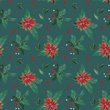 Noel ambalaj kağıdı ve tekstil için kusursuz desen. Puantiyeli, kutsal yapraklı ve meyveli suluboya çizimi.