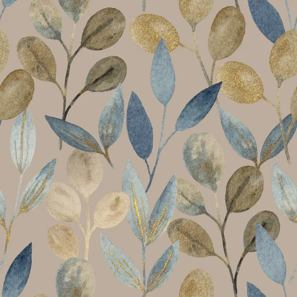 Watercolor seamless pattern with golden shimmering abstract plants and leaves for fabric and design.