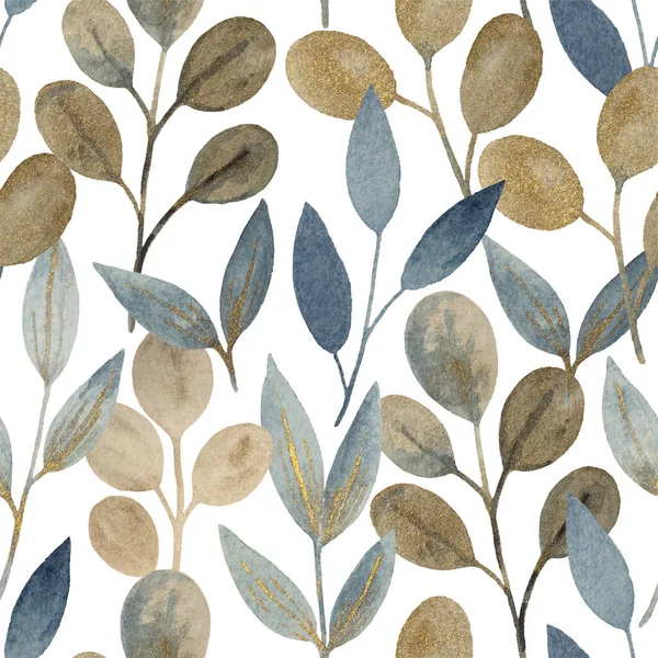 水彩斑斓的无缝图案，金光闪闪的抽象植物和树叶，用于面料和设计. — 图库照片