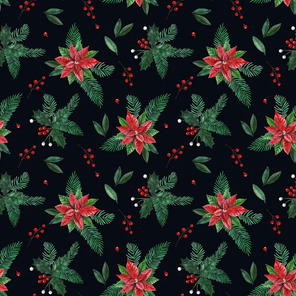Sömlöst mönster för julomslagspapper och textil. Akvarell illustration med julstjärna och järnek blad och bär. — Stockfoto