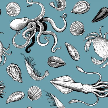 Ahşap kesim stili ve pastel renkler, yumuşakçalar, ahtapot ve yengeç gibi deniz ürünleri elementleriyle kusursuz bir desen..
