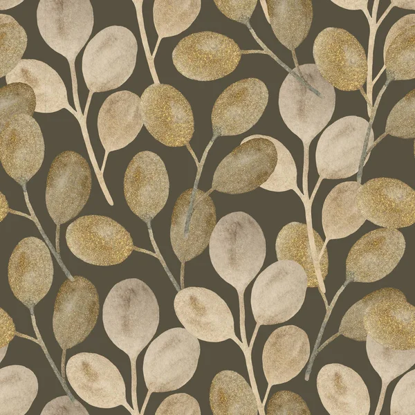Patrón sin costura de acuarela con plantas abstractas brillantes doradas y hojas para tela y diseño. — Foto de Stock