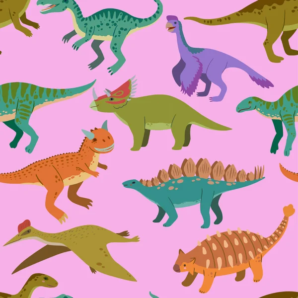 Patrón sin costuras con dibujos animados lindo doodle dinosaurios y elementos de la naturaleza, rocas, hojas y estrellas. Diseño adorable de los niños. — Vector de stock