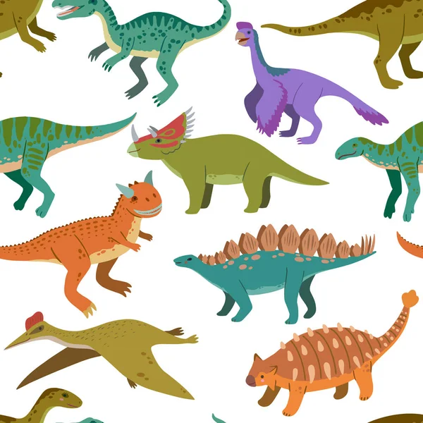 Padrão sem costura com bonitos dinossauros doodle desenhos animados e elementos da natureza, pedras, folhas e estrelas. Design de crianças adoráveis. — Vetor de Stock