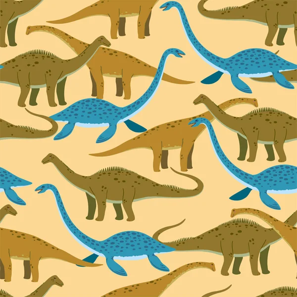 Modello senza soluzione di continuità con simpatici dinosauri doodle dei cartoni animati, diplodocus, titano giraffa e plesiosauro. Adorabile design per bambini. — Vettoriale Stock