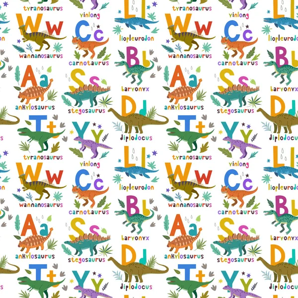 Naadloos patroon met schattige cartoon doodle dinosaurussen, natuurelementen en met de hand getrokken letters. Schattig kinderontwerp. — Stockvector