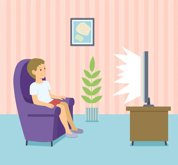 Αγοράκι που βλέπει τηλεόραση σε μοβ καρέκλα στο σαλόνι. Διάνυσμα εννοιολογική απεικόνιση κινουμένων σχεδίων σε χαριτωμένα παστέλ χρώματα. — Διανυσματικό Αρχείο