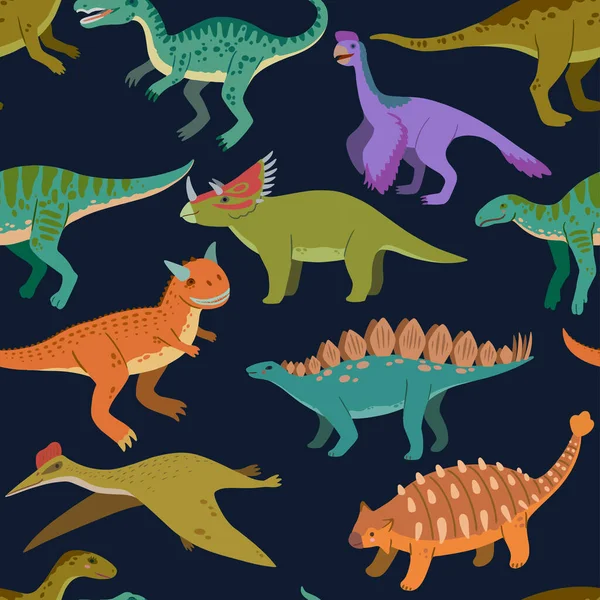 Padrão sem costura com bonitos dinossauros doodle desenhos animados e elementos da natureza, pedras, folhas e estrelas. Desenho de crianças bonito. — Vetor de Stock