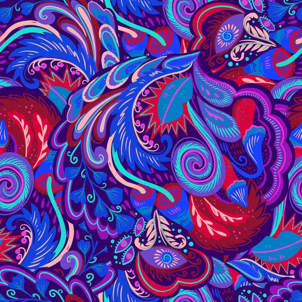 Цветной бесшовный рисунок с сумасшедшими психоделическими органическими абстрактными элементами, печать с растительными и грибными мотивами и яркими неоновыми цветами — стоковый вектор