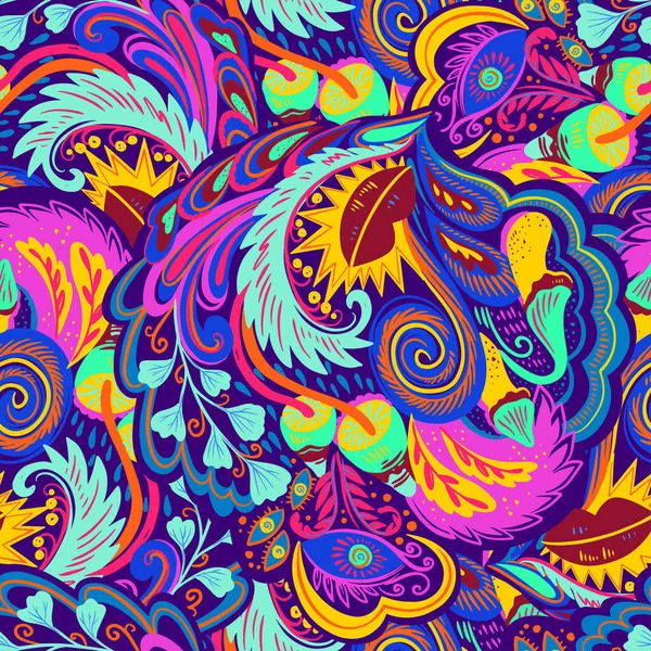 Цветной бесшовный рисунок с сумасшедшими психоделическими органическими абстрактными элементами, печать с растительными и грибными мотивами и яркими неоновыми цветами — стоковый вектор