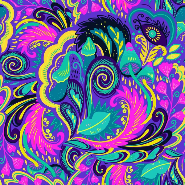 Buntes nahtloses Muster mit verrückten psychedelischen organischen abstrakten Elementen, Print mit Pflanzen- und Pilzmotiven und hellen Neonfarben — Stockvektor