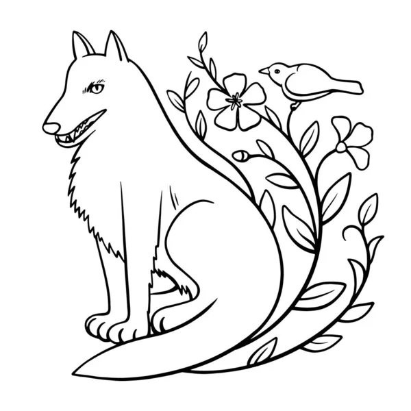 Lindo lobo de dibujos animados sentado cerca del arbusto floreciente con pajarito en la rama. Vector zentangl colorear libro antiestrés. Blanco y negro. — Vector de stock