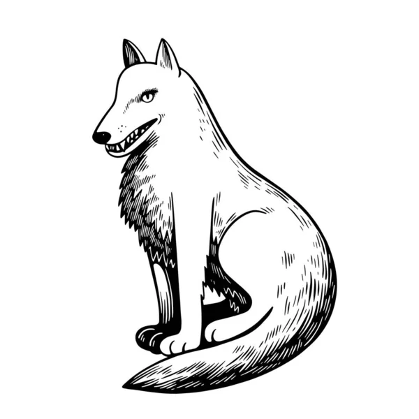 Lobo blanco y negro en lindo estilo de dibujos animados semirealistas. Ilustración dibujada a mano. — Vector de stock