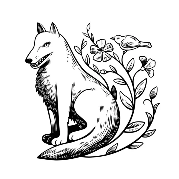 Lindo lobo de dibujos animados sentado cerca del arbusto floreciente con pajarito en la rama. Vector zentangl colorear libro antiestrés. Blanco y negro. — Vector de stock