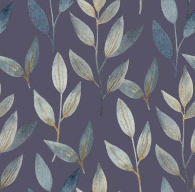 Altın parıldayan soyut bitkiler ve kumaş ve tasarım için yapraklarla sulu boya deseni.