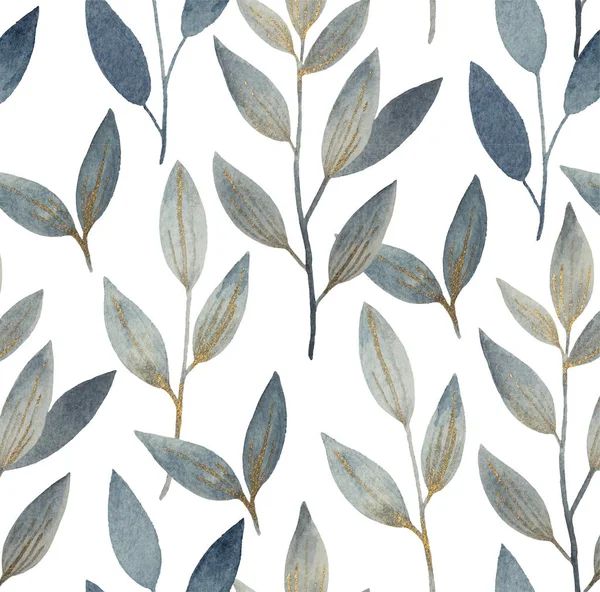 Aquarel naadloos patroon met gouden glinsterende abstracte planten en bladeren voor stof en design. — Stockfoto