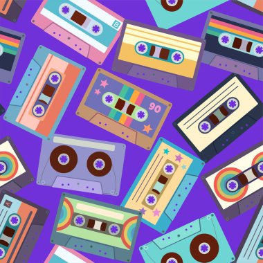 Renkli kasetlerle kusursuz bir desen. Tasarım ve aksesuarlar için modaya uygun arka plan.