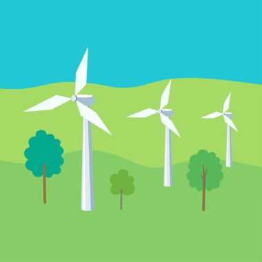 Rüzgar türbinleri. Yenilenebilir elektro enerji kaynakları. Yeşil arka planda rüzgar santrali. Çevre enerjisi endüstriyel kavramı. 