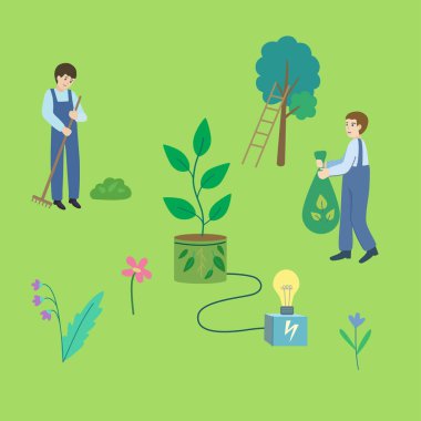 Biyokütle enerjisi. Yenilenebilir temiz enerji kaynakları. Kavramsal vektör çizimi.