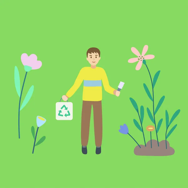 Un hombre con bombilla ecológica en sus manos y un paquete con un icono de reciclaje sobre un fondo verde natural. — Archivo Imágenes Vectoriales